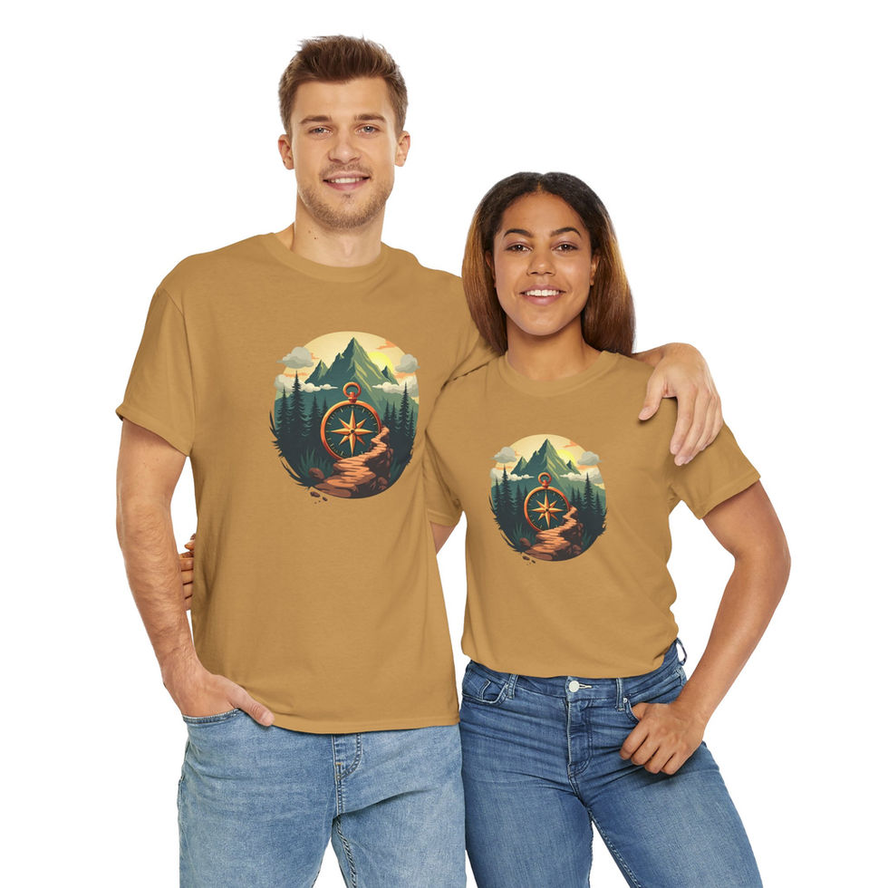 Couple wearing old gold Adventure Awaits tee front view