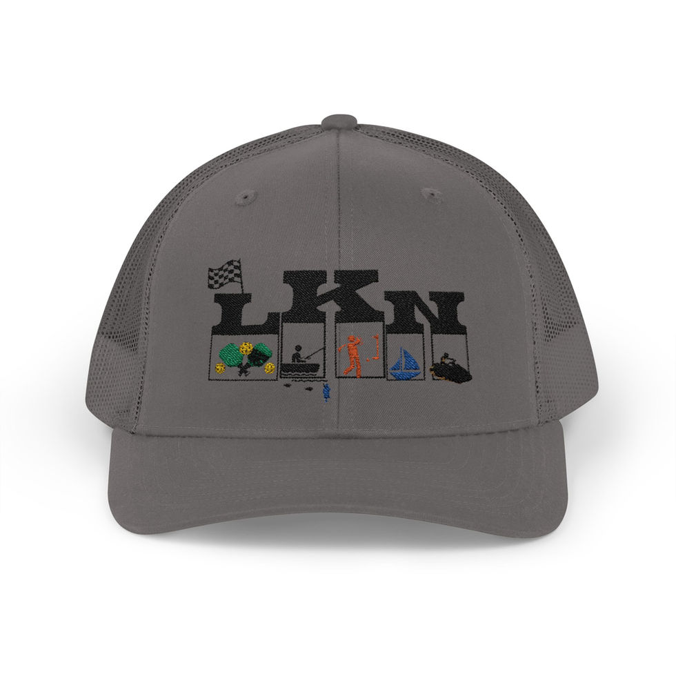 Gray LKN trucker hat with embroidered icons