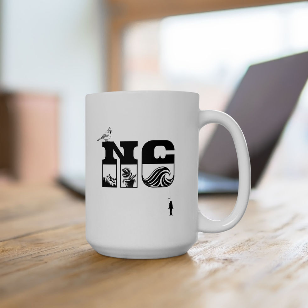 NC ceramic mug design: cardinal, mountains, venus flytrap, ocean waves, fish