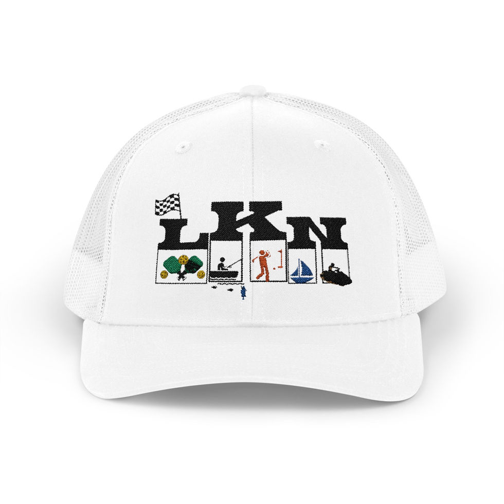 White LKN trucker hat with embroidered activities