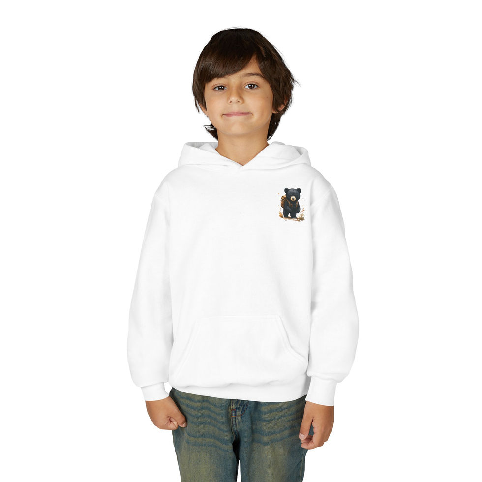 Young boy wearing white hoodie; Kids Raccoon Camping Hoodie; Youth Nature Graphic Hoodie.