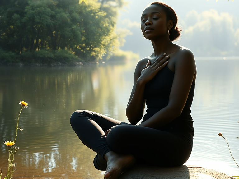 A woman in black clothing meditates by a serene lake with trees in the background and yellow flowers nearby, conveying tranquility with her hand over her heart.