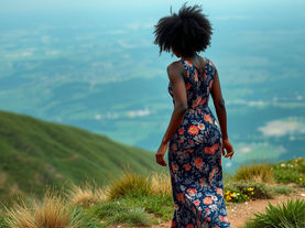 Woman in floral dress overlooks a scenic valley. Background features rolling hills and blurred landscape, evoking a serene atmosphere.