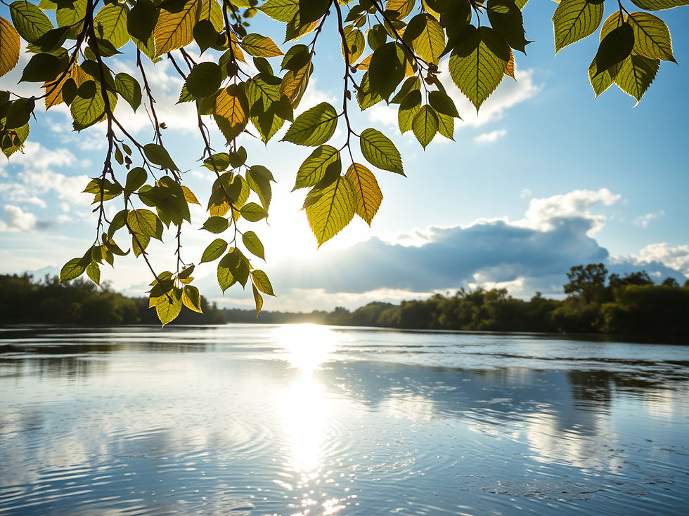 Sunlit lake with overhanging green leaves. Calm water reflects the blue sky and clouds. Peaceful, natural setting.