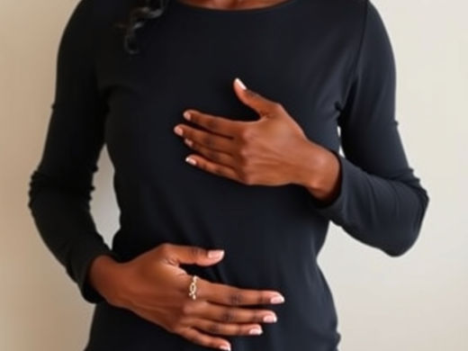 African American woman holding right hand over her stomach and left hand over her heart.