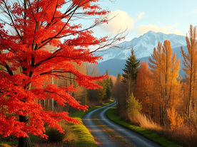 Trees changing colors from green to red and orange to demonstrate the seasonal changes.