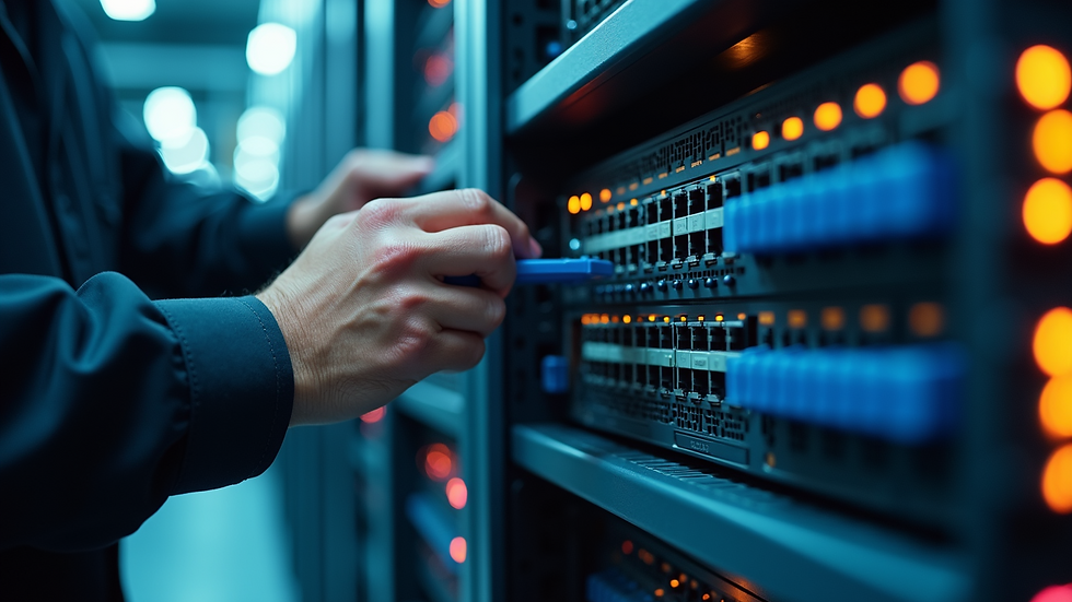Close-up view of a technician working on a network switch