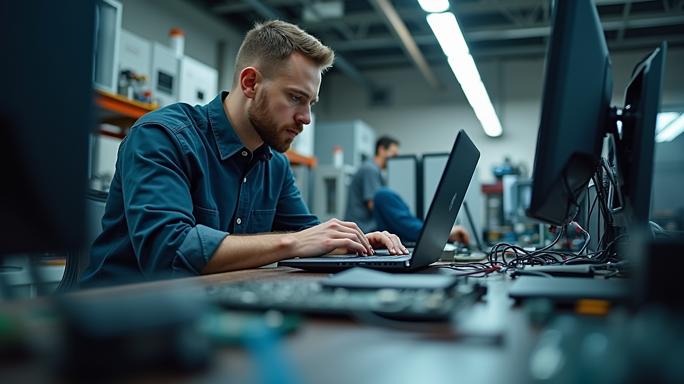 Eye-level view of a computer technician inspecting a laptop inside a repair shop