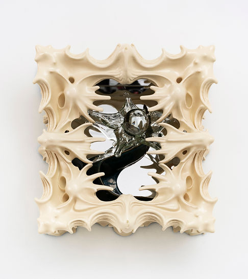 Vadim Pugin, Act 3- Subversion, 2026, painted polymer, glass, acrylic mirror, glazed ceram
