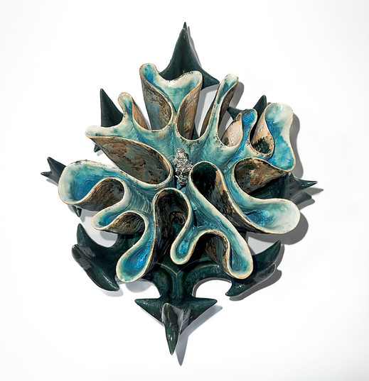 Vadim Pugin, Fold, 2025, glazed 3D-printed ceramic, hand- built stoneware, tin, 13 x 11 x
