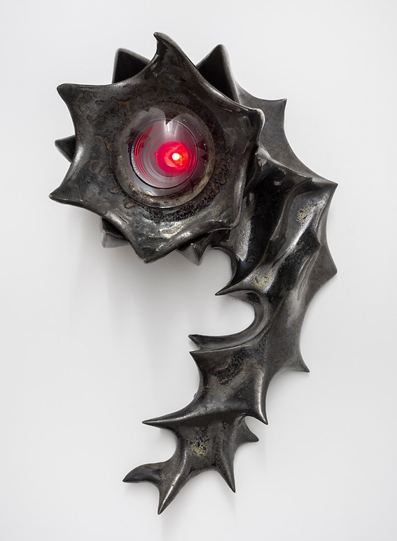 Vadim Pugin, Attachment, 2025, glazed stoneware, lenses, aluminum, LED, battery, 22 x 13 x