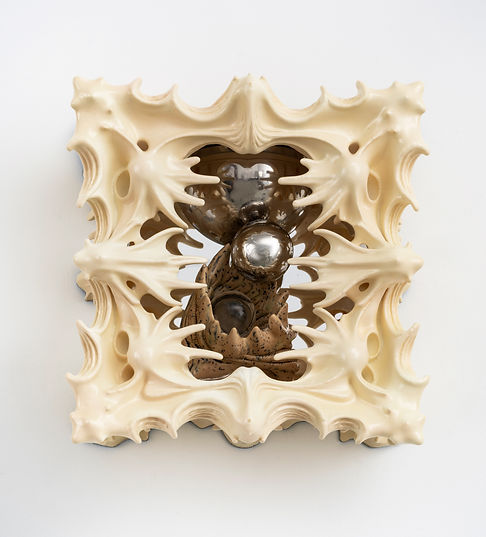 Vadim Pugin, Act 2- Sublimation, 2026, painted polymer, glass, acrylic mirror, glazed cera