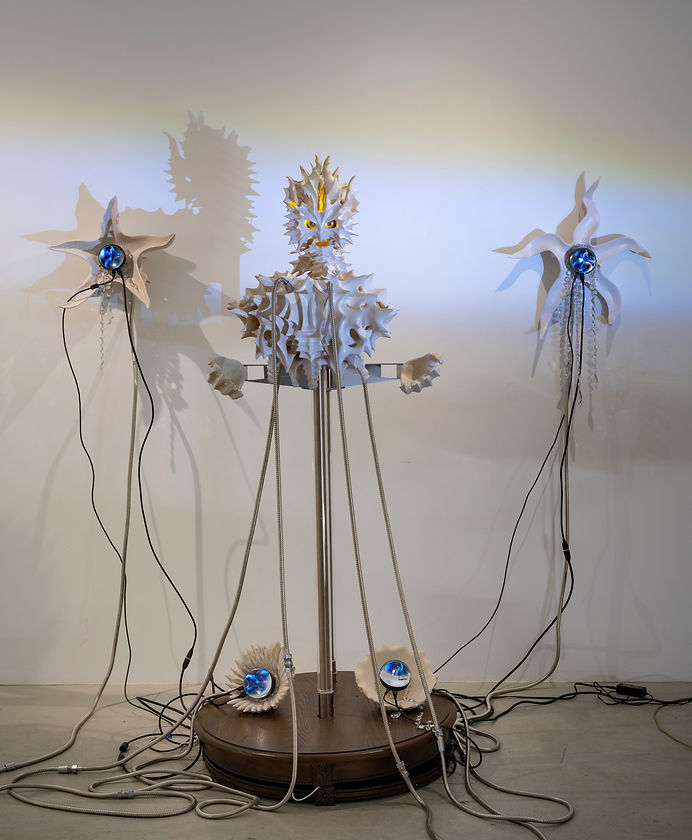 The Pan, 2025, glazed stoneware, computer, four screens, sound system, steel, acrylic and