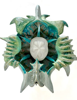 Vadim Pugin, EDITED Sea Heart Cradle, 2025 sea urchin test, glazed earthenware, RGB LEDS,