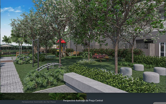 Parque infantil, Perspectiva Ilustrada do Praça Central, com árvores e bancos.