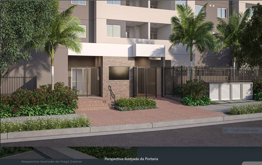 Entrada de condomínio moderno, "Perspectiva Ilustrada da Portaria", paisagismo com palmeiras.