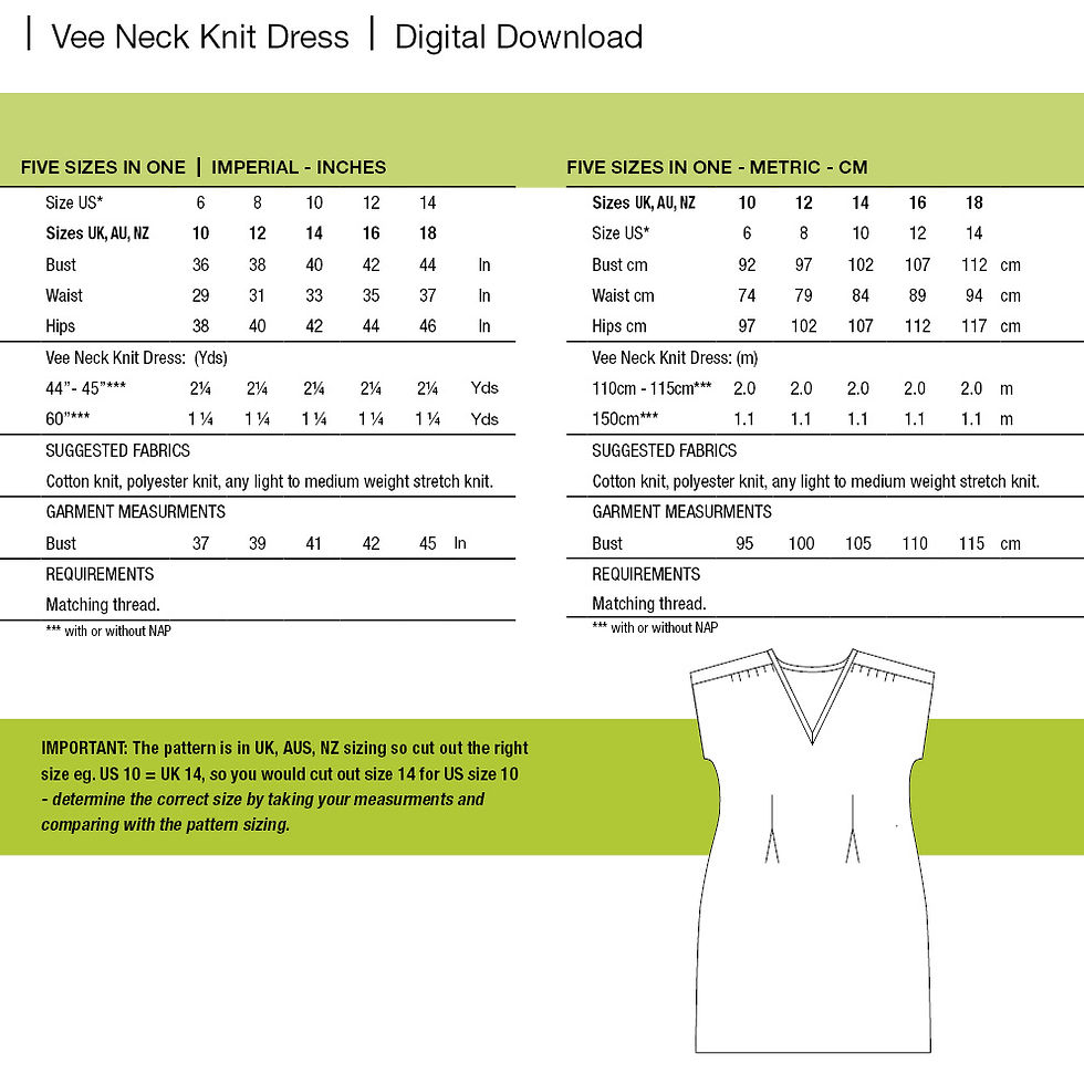 Thumbnail: size chart for Vee Neck Dress pattern