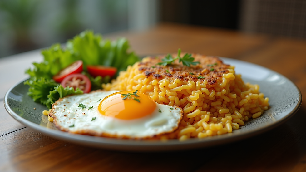 Eye-level view of a colorful plate of Nasi Goreng served with fried egg and vegetables