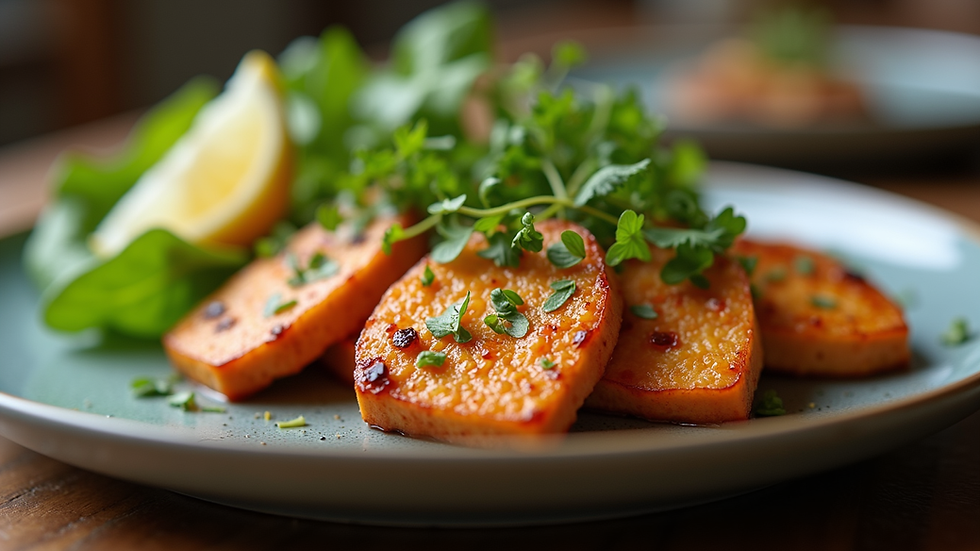 Close-up view of a plate of marinated tempeh slices garnished with herbs