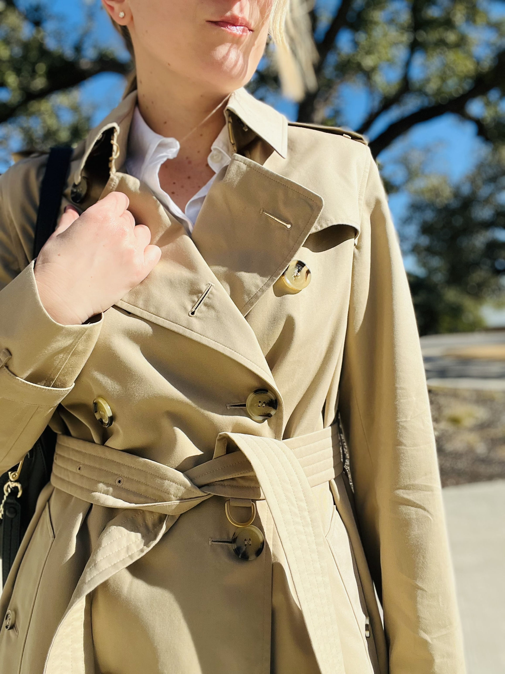 Austin personal stylist Natalie, owner of Closet Curator, wearing Coat buttoned and tied