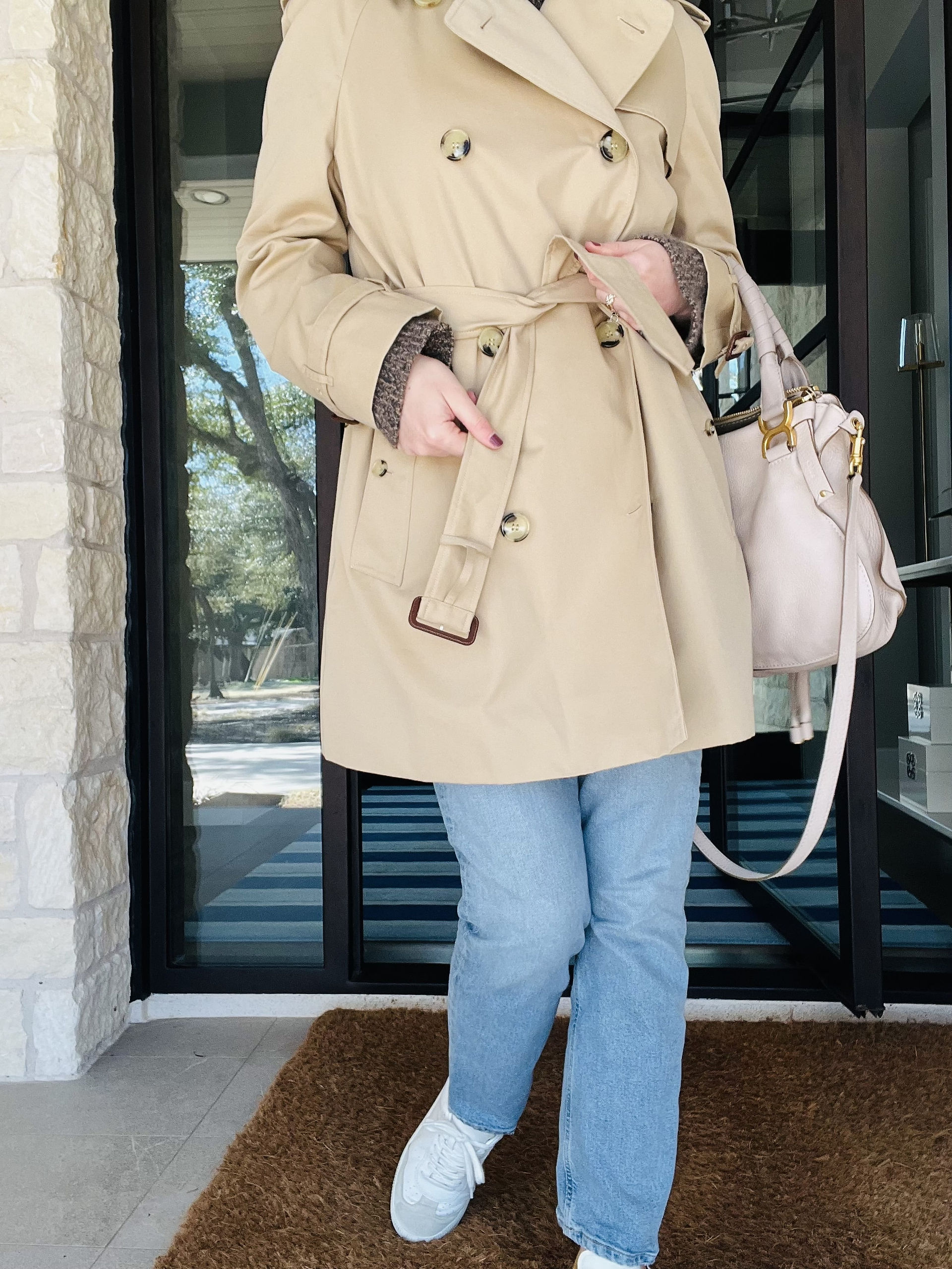 Austin personal stylist Natalie, owner of Closet Curator, wearing the Fitzrovia trench