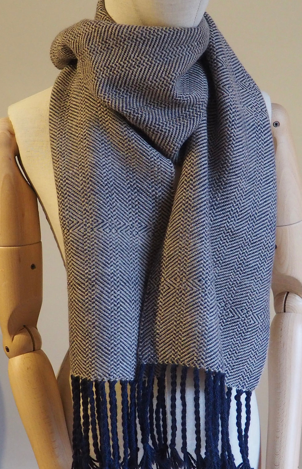 Miniature : Écharpe Alpaga naturel et bleu, tissage artisanal