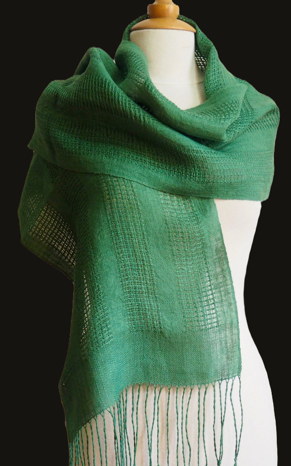 Miniature : Étole ajourée en lin vert "émeraude",  tissage traditionnel