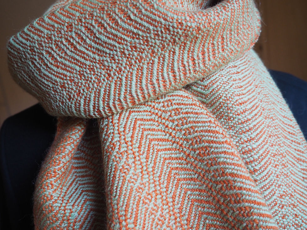 Écharpe laine "Feuilles de palmier", orange vert amande, tissage traditionnel