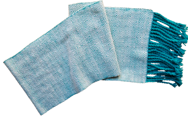 Miniature : Echarpe laine mérinos blanche et bleu turquoise, tissage traditionnel