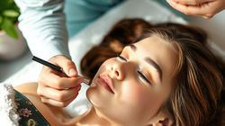 Create a banner for__a beautiful laying laying and a girl applying face mark on her