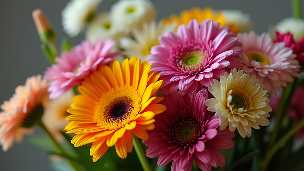 Close-up view of a vibrant bouquet of assorted flowers