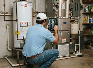 The scene is in a residential home utility room, a man with dark hair, medium build is wea