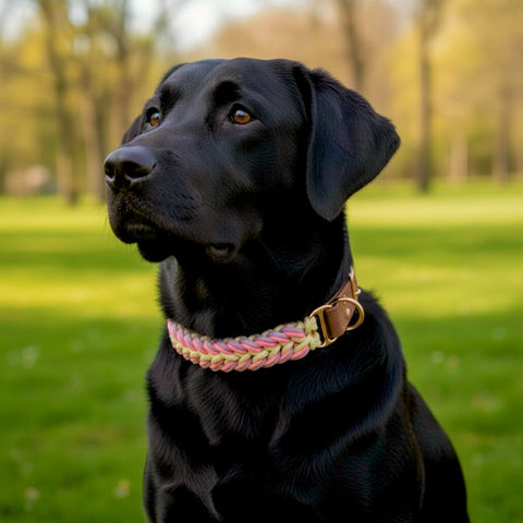 Hund trägt pink-hellgelb-lilafarbenes Paracord-Halsband in der Tulip-Knüpftechnik, handgemacht in der Schweiz