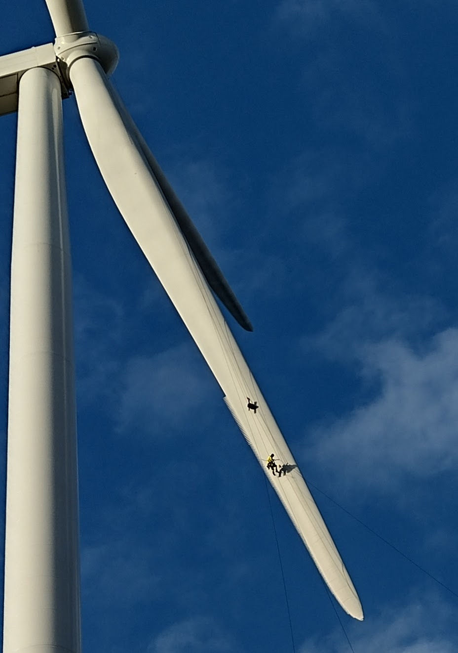 Service technician hanging on a blade 100 meters up in the air