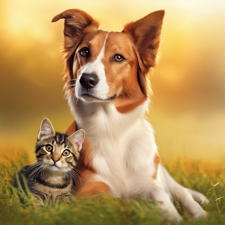 A warm, high-quality image of a dog and cat together in a safe, happy environment. needs t