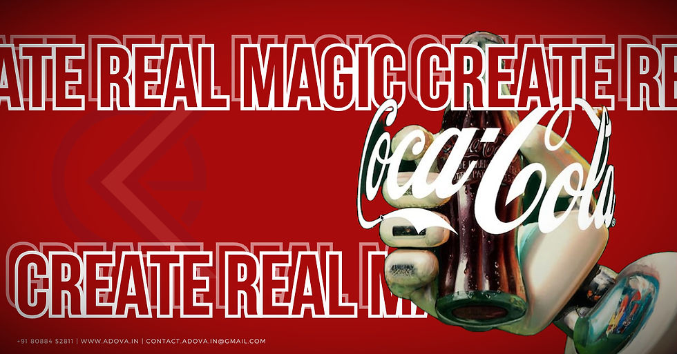 A red advertisement featuring the Coca-Cola logo with a stylized robotic hand holding a classic glass bottle of Coke, overlaid with bold white text reading "CREATE REAL MAGIC" repeatedly in the background.