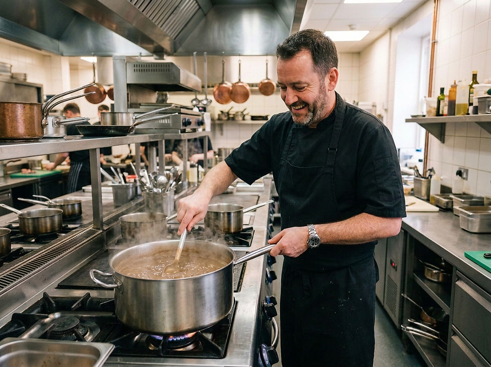 Smiling chef in black uniform stirs a steaming pot