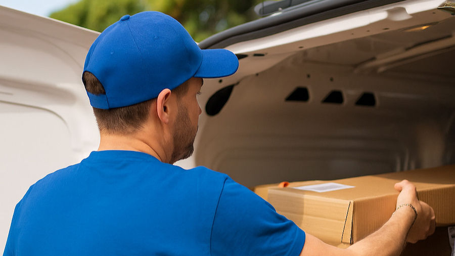 Delivery person in blue shirt and cap loads a cardboard box into a white van. Outdoor setting, with trees blurred in the background.