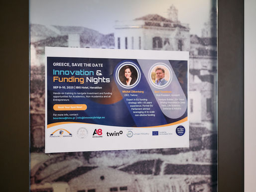Poster for "Innovation & Funding Nights" in Greece, Sep 9-10, 2025, at IBIS Hotel, Heraklion. Features speakers with details and logos.