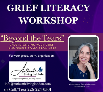 flyer for Grief Literacy Workshop with photo of Gabrielle Ferguson