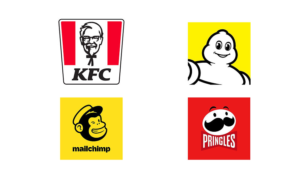 Four mascot logos are featured. Top left is the KFC logo, a red and white bucket shape with a smiling caricature of Colonel Sanders. Top right is the Michelin Man (Bibendum) logo, a white, rounded, cartoon figure of a man smiling. Bottom left is the Mailchimp logo, a yellow square with a black and yellow monkey head wearing a hat and smiling, with 'mailchimp' in black text below. Bottom right is the Pringles logo, a red square with a cartoon head featuring a large black mustache and red bow tie, with 'PRINGLES' in white text below.