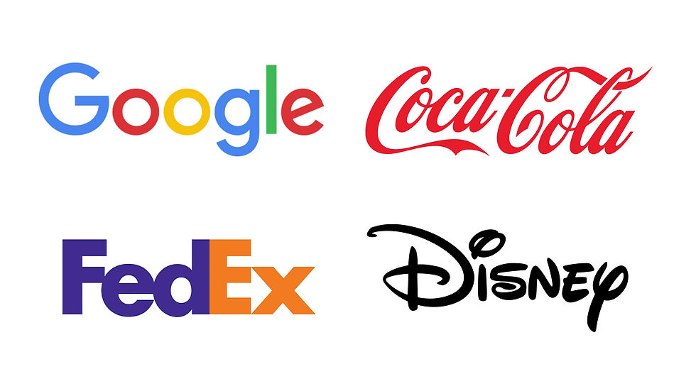 Four wordmark logos are presented. Top left is the Google logo, the word 'Google' in multi-colored, sans-serif letters. Top right is the Coca-Cola logo, the words 'Coca-Cola' in a distinctive red script font. Bottom left is the FedEx logo, the word 'FedEx' in purple and orange sans-serif letters with the 'Ex' in orange. Bottom right is the Disney logo, the word 'Disney' in a classic black script font.