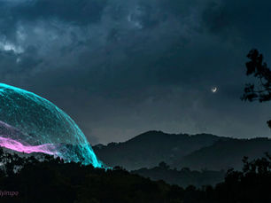 A futuristic landscape at night featuring a mountain with a glowing, dome-shaped structure made of interconnected neon blue and purple lines, set against a dark, cloudy sky with a crescent moon. Silhouettes of trees frame the scene, and the text "www.siawsh.co #DailyInspo" is visible in the bottom left corner.