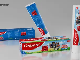 Colgate concept packaging design featuring vibrant colors and characters for kids' toothpaste.