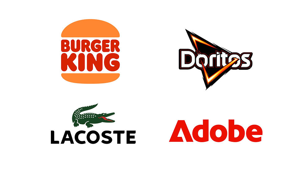Four combination logos are shown. Top left is the Burger King logo, featuring an orange bun graphic with 'BURGER KING' in orange text between the buns. Top right is the Doritos logo, a red, orange, and black triangle shape with 'Doritos' in white text outlined in black. Bottom left is the Lacoste logo, a green crocodile icon above the word 'LACOSTE' in black. Bottom right is the Adobe logo, the word 'Adobe' in red stylized lettering.