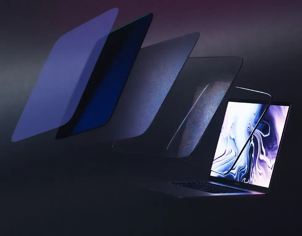 A laptop with a swirling abstract wallpaper displays on its screen, while four translucent, layered panels in shades of blue and purple hover above it against a dark gradient background.