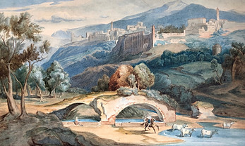 aquarell gemaelde arkadische landschaft mit einem reiter vor bergen