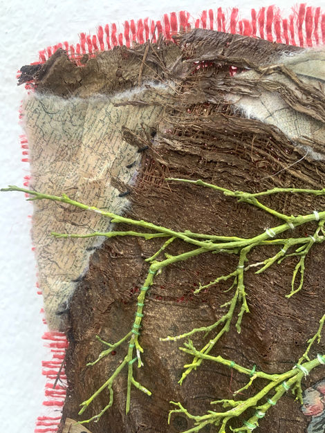 Work created with palm bark treated with tea bags, paper, sewing, embroidery, acrylic paint.