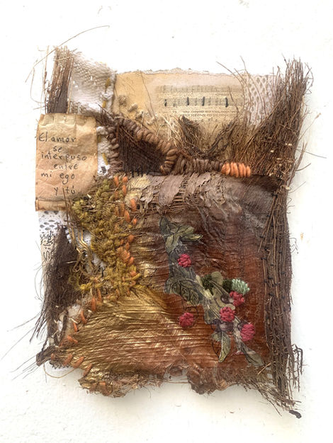 Work created with palm bark treated with tea bags, paper, sewing, embroidery, acrylic paint.