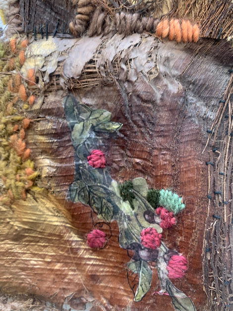 Work created with palm bark treated with tea bags, paper, sewing, embroidery, acrylic paint.